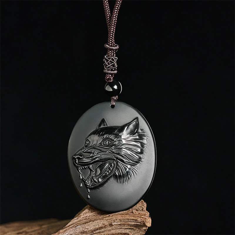 Collana con ciondolo a forma di testa di lupo in ossidiana nera naturale Buddha Stones e forza - Image 3