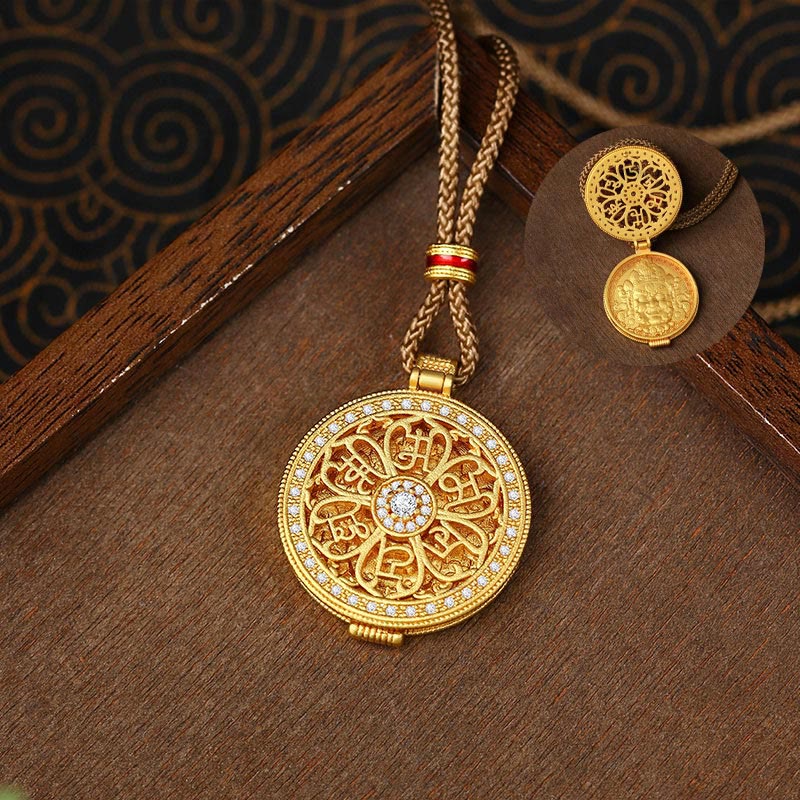 Collana con ciondolo apribile in rame placcato oro con Buddha Stones Om Mani Padme Hum, simbolo della ricchezza - Image 2