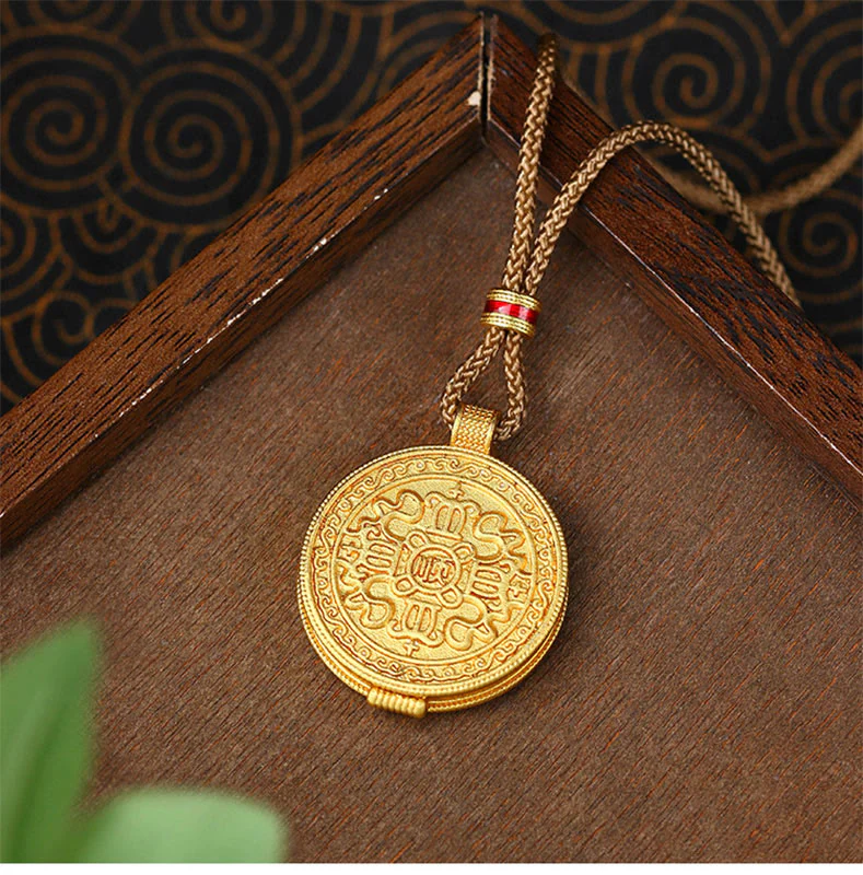 Collana con ciondolo apribile in rame placcato oro con Buddha Stones Om Mani Padme Hum, simbolo della ricchezza - Image 3