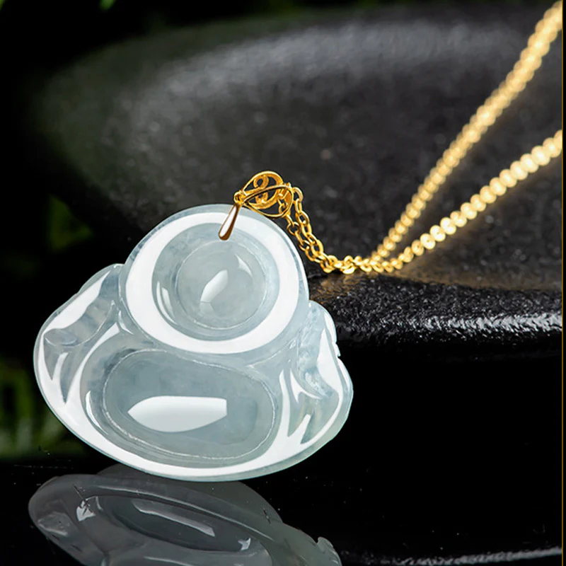 Collana con Buddha Stones che ride, giada naturale, abbondanza, catena in acciaio al titanio - Image 7