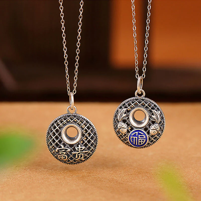 Collana con ciondolo Buddha Stones 999 Sterling Silver Koi Fish Fu Character Lotus Peace Buckle Wealth - Image 10
