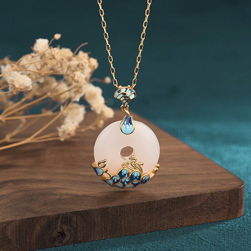 Collana con ciondolo Buddha Stones, giada bianca, fibbia della pace, montagne e mare, fortuna