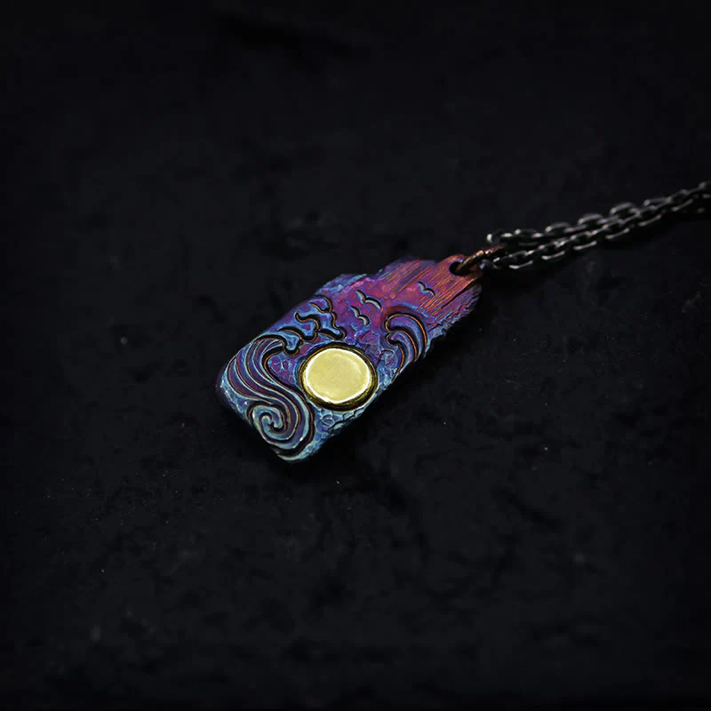 Collana con ciondolo Buddha Stones in argento sterling 999 e oro 24k, onde e sole, equilibrio - Image 2