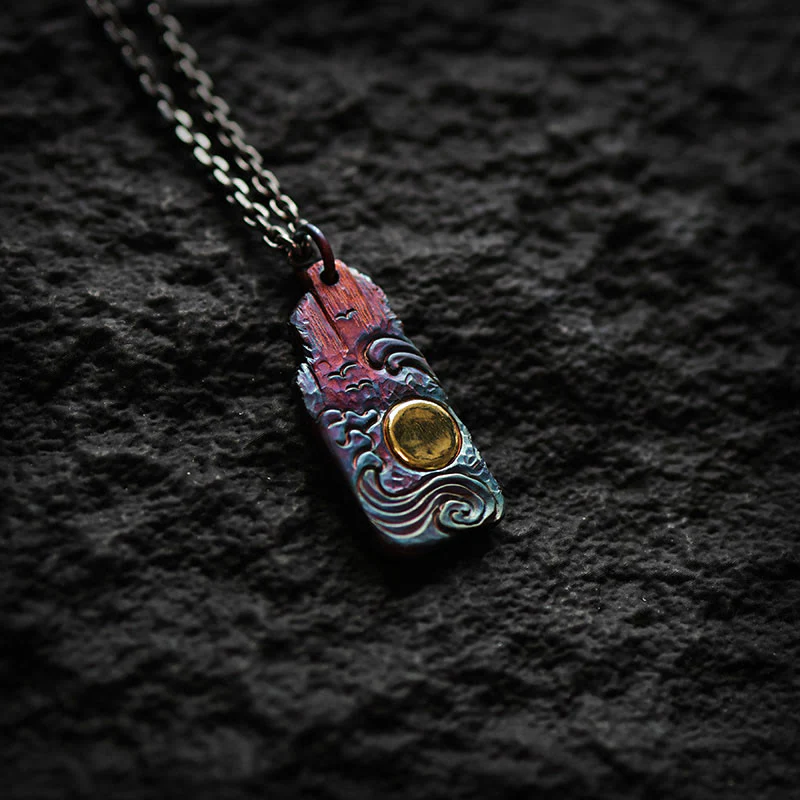 Collana con ciondolo Buddha Stones in argento sterling 999 e oro 24k, onde e sole, equilibrio - Image 5