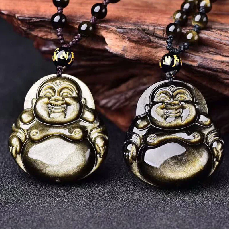 Collana con ciondolo Buddha Stones Laughing Buddha in ossidiana dorata e lucente, ricchezza - Image 2