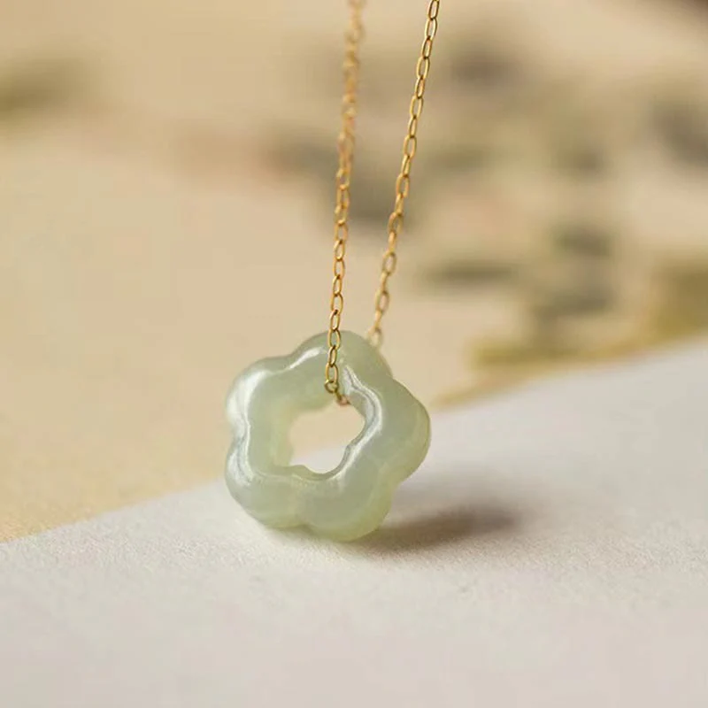 Collana con ciondolo con ciondolo floreale in giada ciano Buddha Stones , delicata giada Hetian - Image 3