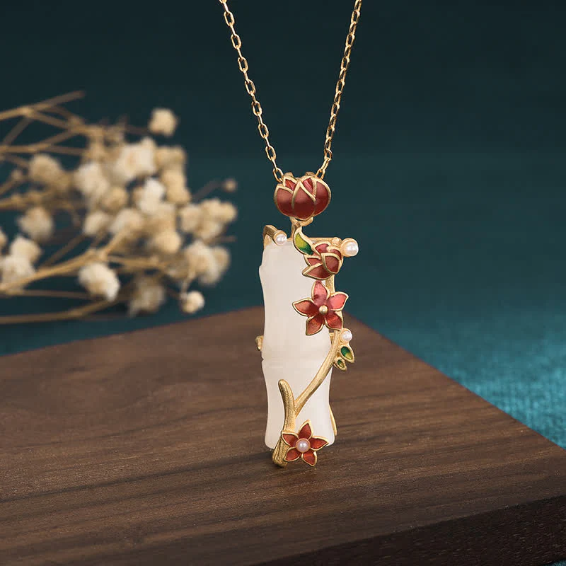 Collana con ciondolo con fiori di loto, giada bianca, bambù e Buddha Stones, protezione dalla fortuna
