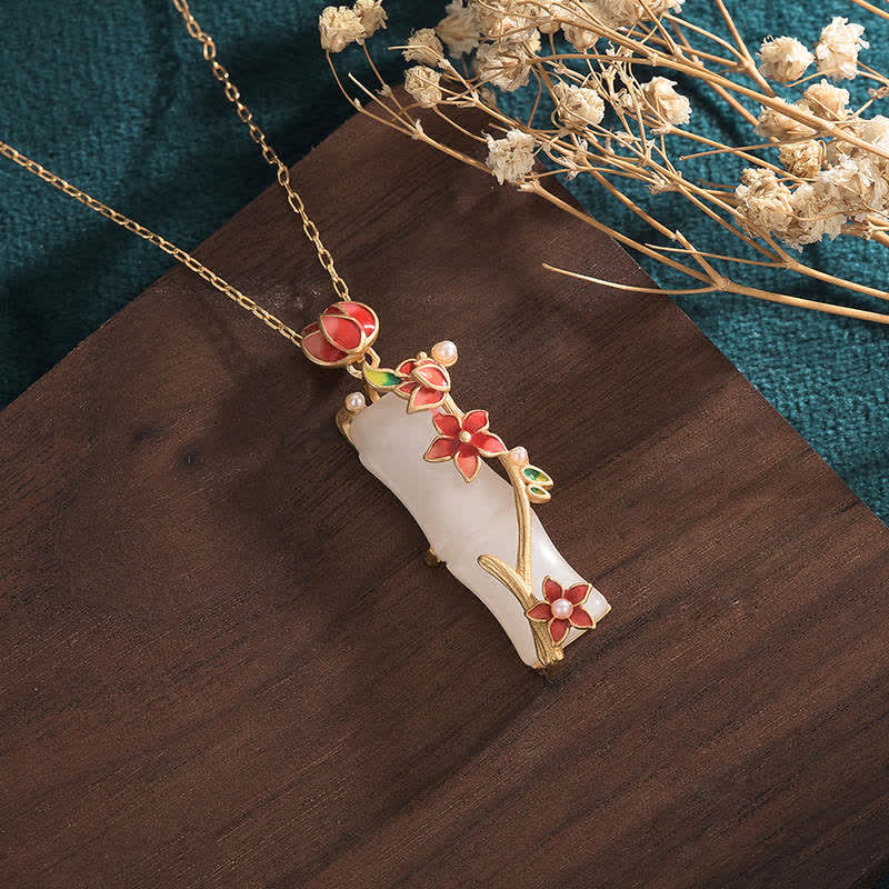 Collana con ciondolo con fiori di loto, giada bianca, bambù e Buddha Stones, protezione dalla fortuna - Image 2