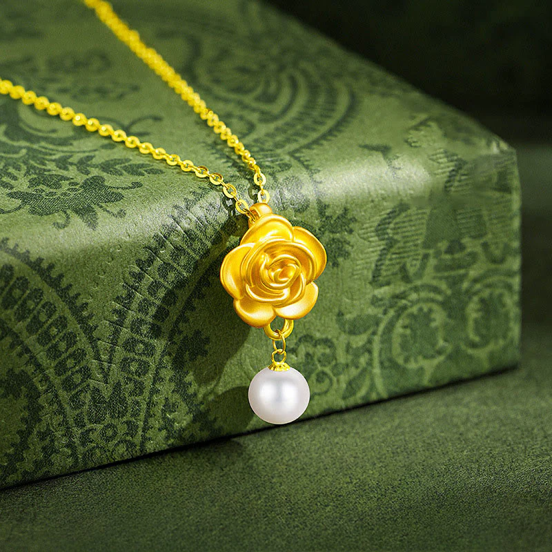 Collana con ciondolo curativo in perle di camelia placcate in oro e argento sterling 999 Buddha Stones