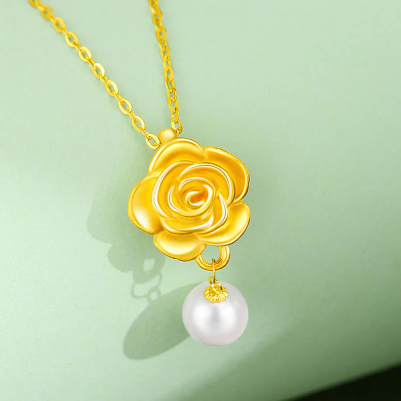 Collana con ciondolo curativo in perle di camelia placcate in oro e argento sterling 999 Buddha Stones - Image 4