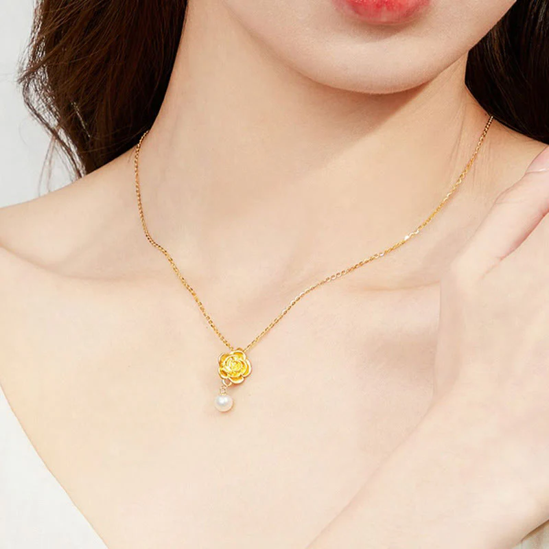 Collana con ciondolo curativo in perle di camelia placcate in oro e argento sterling 999 Buddha Stones - Image 5