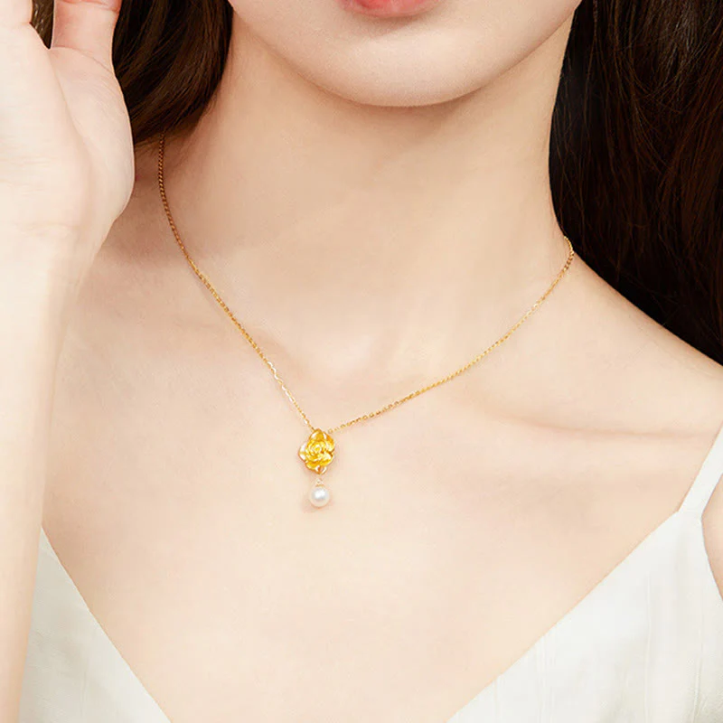 Collana con ciondolo curativo in perle di camelia placcate in oro e argento sterling 999 Buddha Stones - Image 8