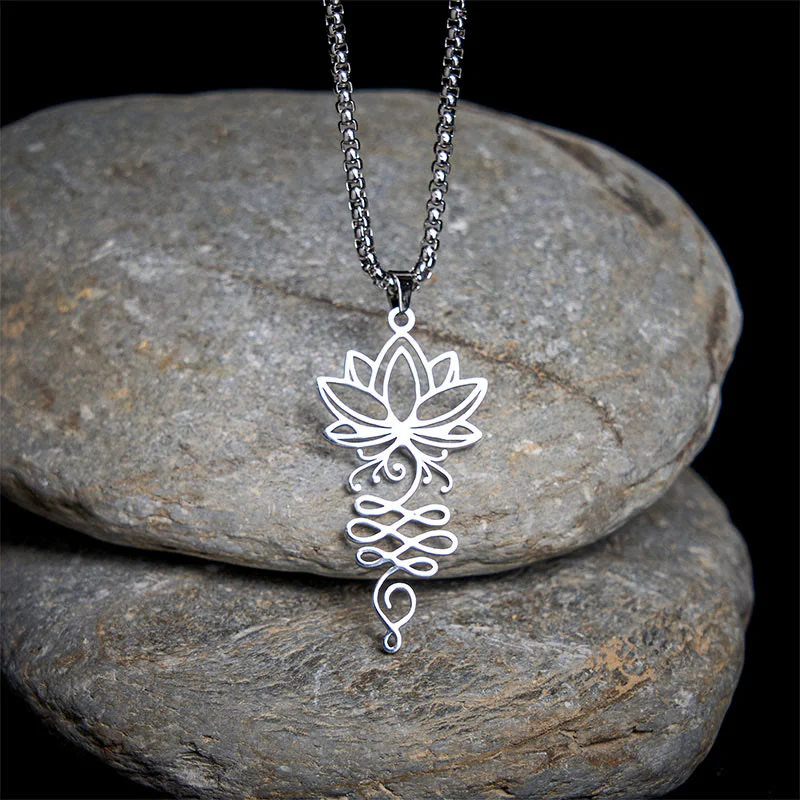 Collana con ciondolo dell'illuminazione in acciaio inossidabile con Buddha Stones viticci di loto, simbolo dei chakra