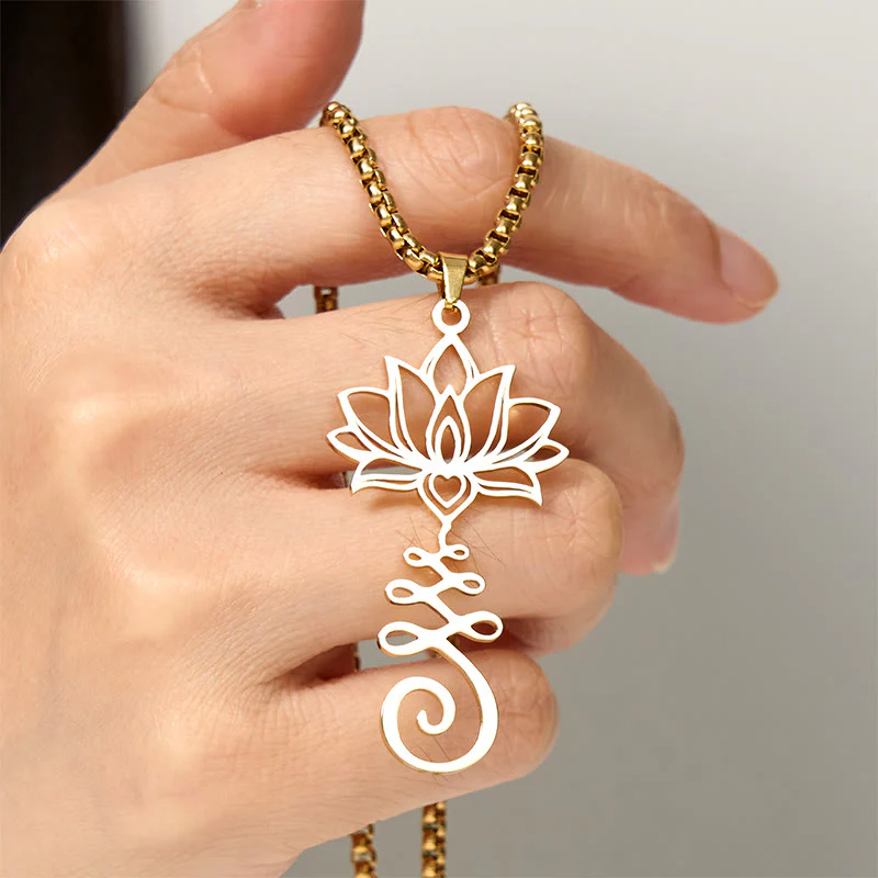Collana con ciondolo dell'illuminazione in acciaio inossidabile con simbolo dei chakra Buddha Stones, design irregolare, loto - Image 12