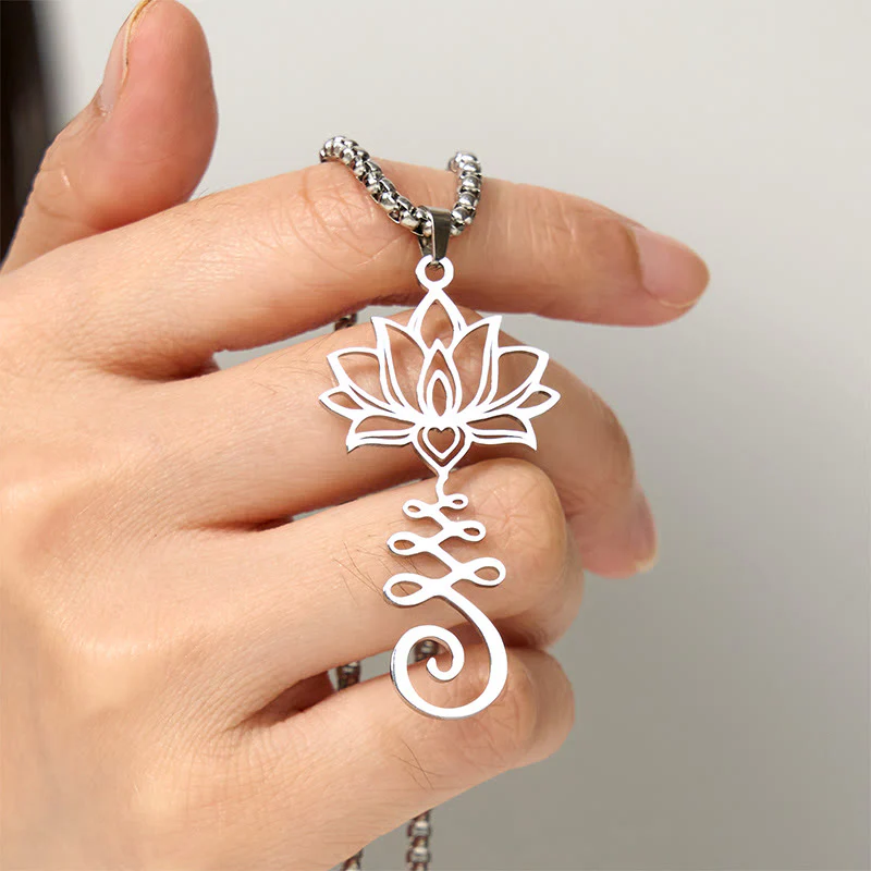 Collana con ciondolo dell'illuminazione in acciaio inossidabile con simbolo dei chakra Buddha Stones, design irregolare, loto - Image 5