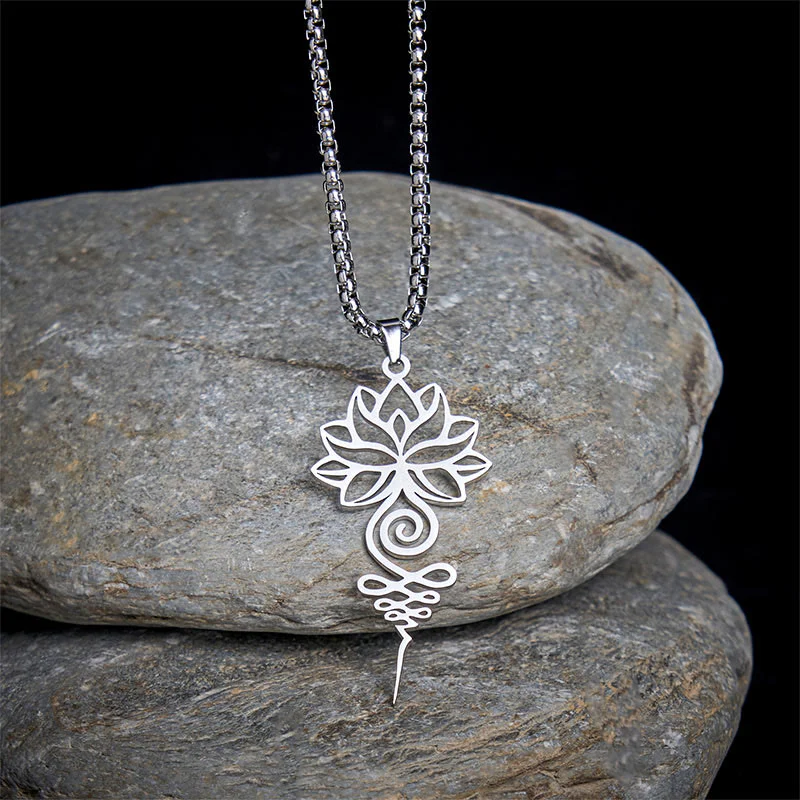 Collana con ciondolo dell'illuminazione in acciaio inossidabile, simbolo del chakra del loto di Buddha Stones Unalome