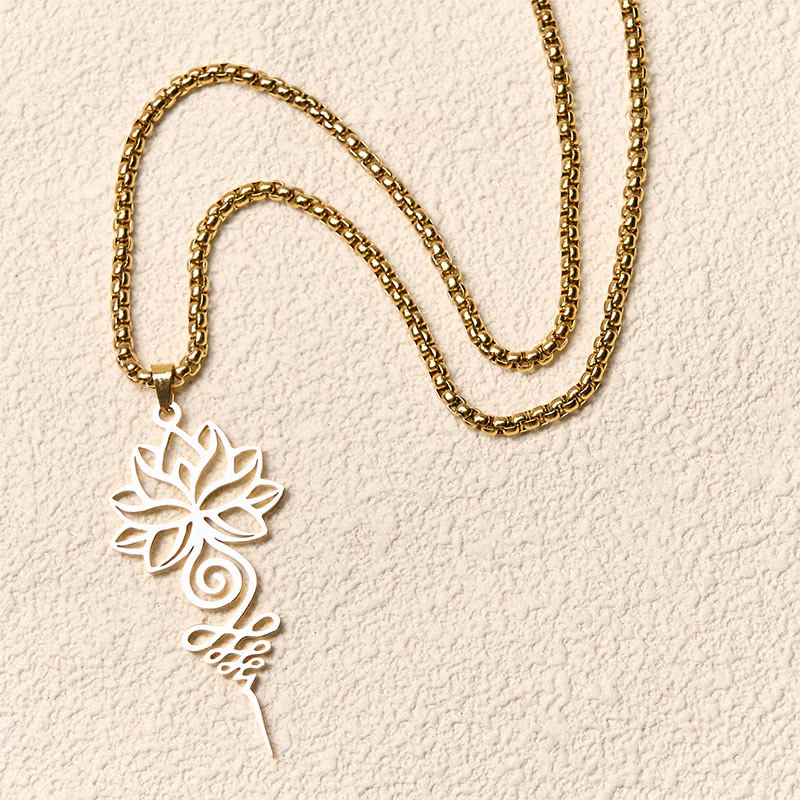 Collana con ciondolo dell'illuminazione in acciaio inossidabile, simbolo del chakra del loto di Buddha Stones Unalome - Image 10
