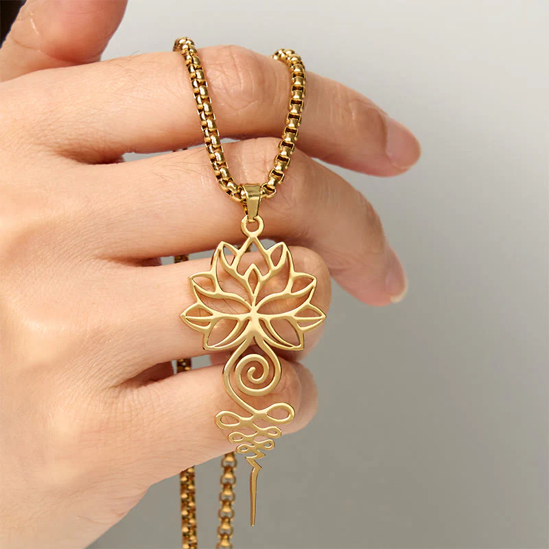 Collana con ciondolo dell'illuminazione in acciaio inossidabile, simbolo del chakra del loto di Buddha Stones Unalome - Image 11
