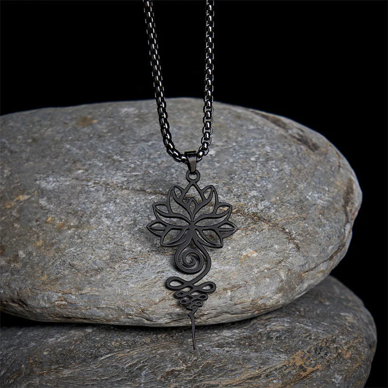 Collana con ciondolo dell'illuminazione in acciaio inossidabile, simbolo del chakra del loto di Buddha Stones Unalome - Image 13