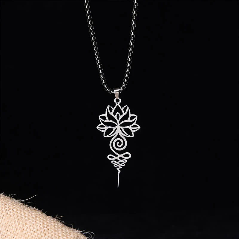 Collana con ciondolo dell'illuminazione in acciaio inossidabile, simbolo del chakra del loto di Buddha Stones Unalome - Image 2