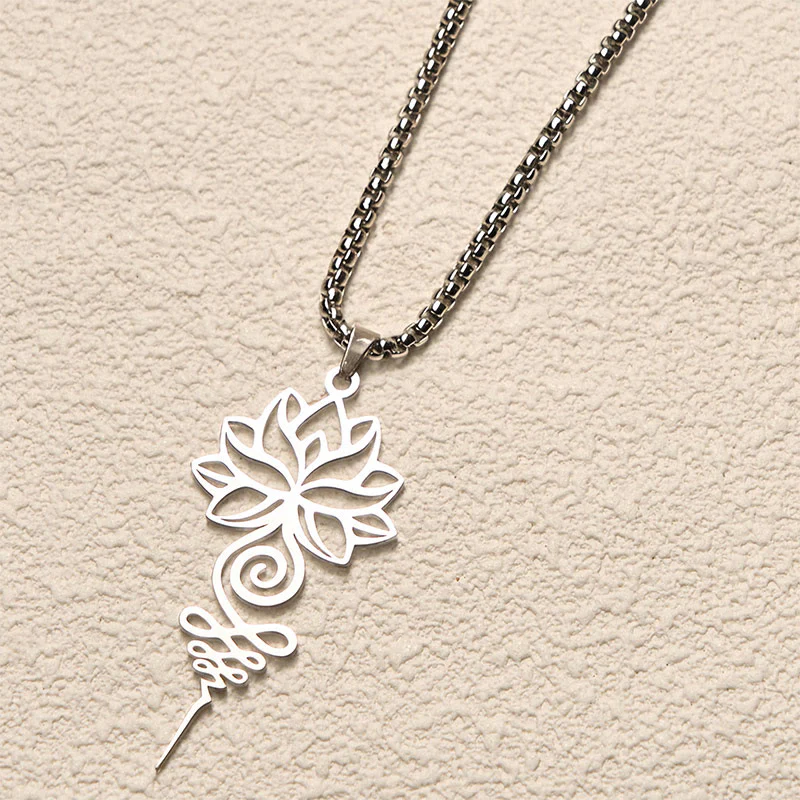 Collana con ciondolo dell'illuminazione in acciaio inossidabile, simbolo del chakra del loto di Buddha Stones Unalome - Image 3