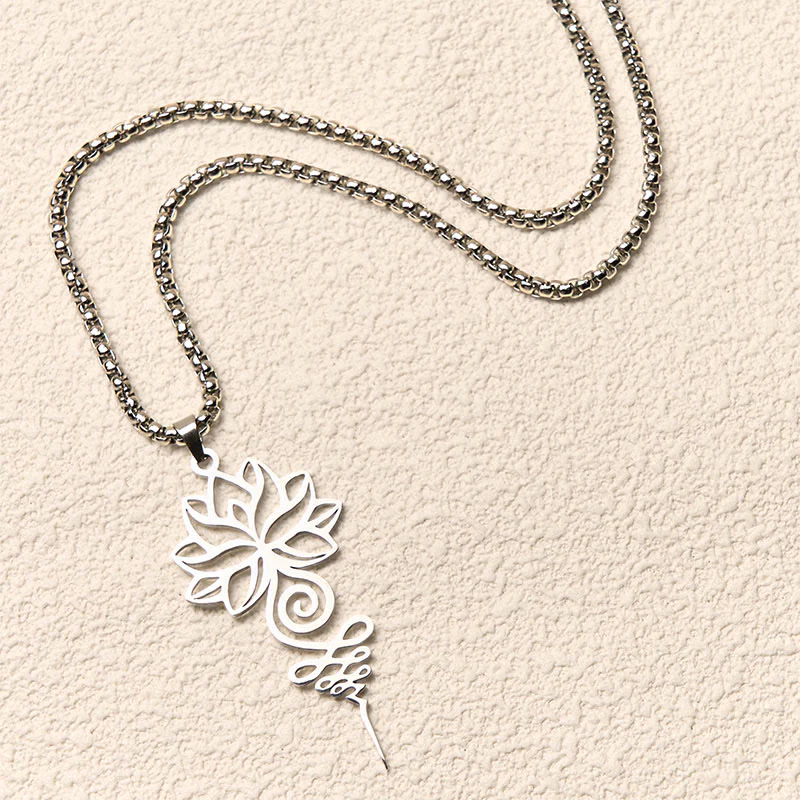 Collana con ciondolo dell'illuminazione in acciaio inossidabile, simbolo del chakra del loto di Buddha Stones Unalome - Image 4