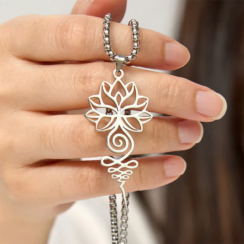 Collana con ciondolo dell'illuminazione in acciaio inossidabile, simbolo del chakra del loto di Buddha Stones Unalome - Image 5