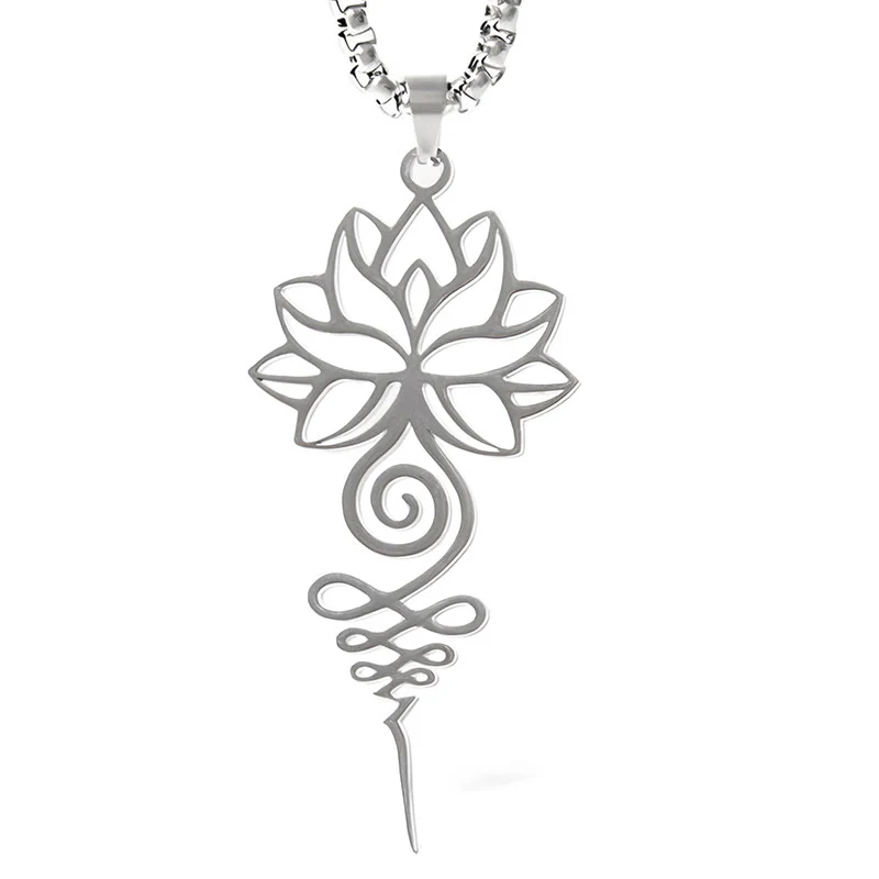 Collana con ciondolo dell'illuminazione in acciaio inossidabile, simbolo del chakra del loto di Buddha Stones Unalome - Image 6