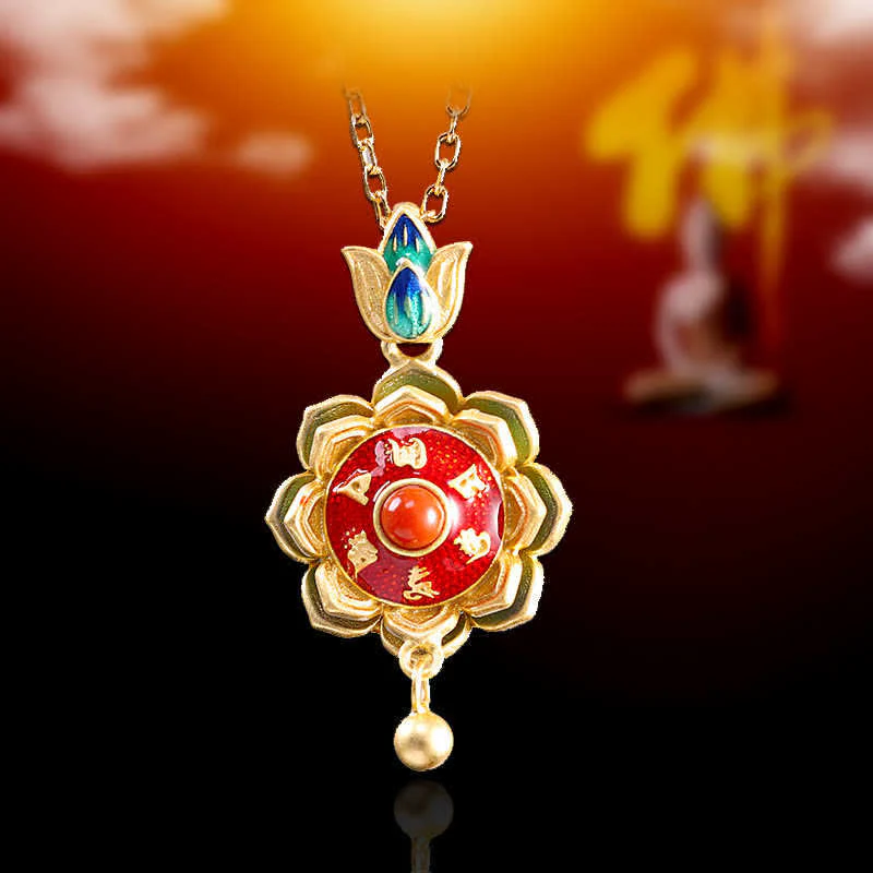Collana con ciondolo dell'illuminazione in agata rossa con ruota di preghiera del loto tibetano in argento sterling 925 - Image 2