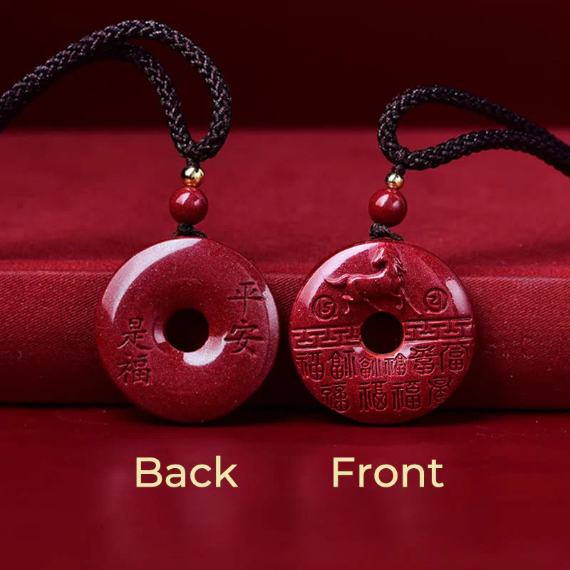Collana con ciondolo di buon auspicio , Buddha Stones con incisione del carattere Fu, anno del cavallo, fibbia della pace, cinabro e benedizione. - Image 6