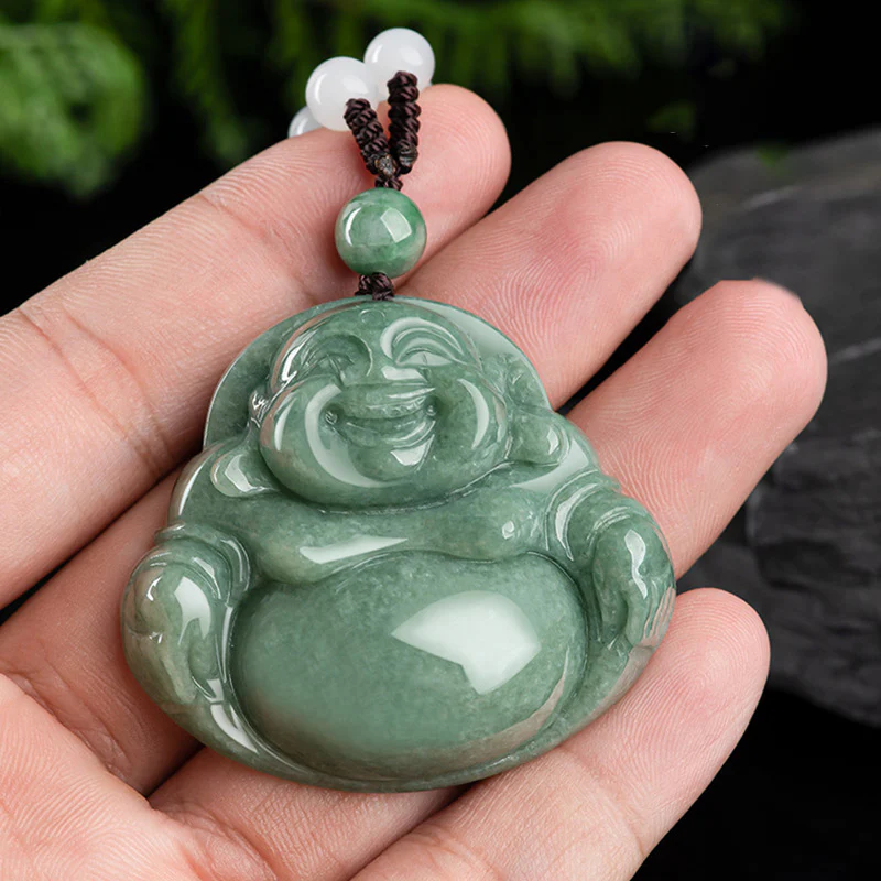 Collana con ciondolo di perline di corda di giada ciano Buddha che ride - Image 4