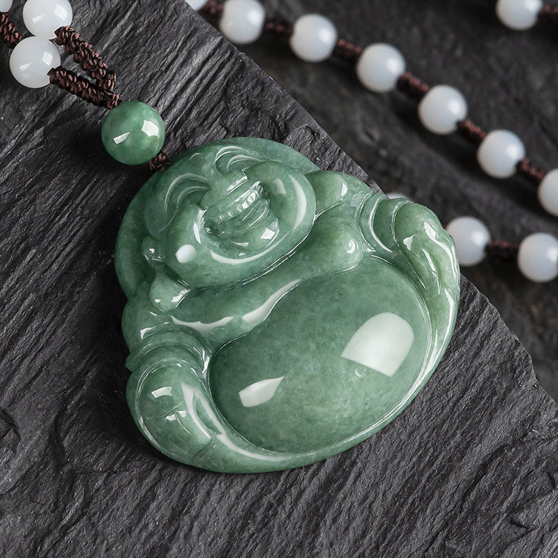 Collana con ciondolo di perline di corda di giada ciano Buddha che ride - Image 6