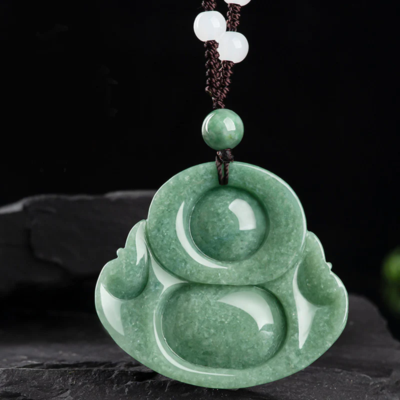 Collana con ciondolo di perline di corda di giada ciano Buddha che ride - Image 7