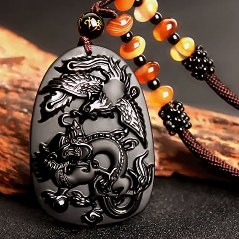 Collana con ciondolo di perline di protezione in ossidiana nera con occhio di tigre, drago e fenice - Image 3