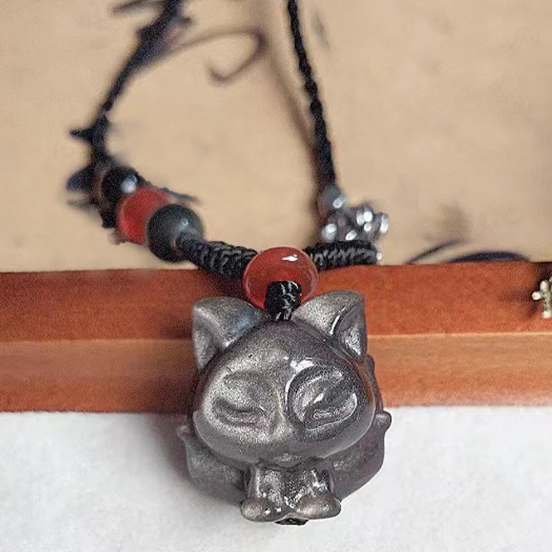 Collana con ciondolo di protezione a forma di volpe a nove code in ossidiana lucida d'argento naturale Buddha Stones - Image 6