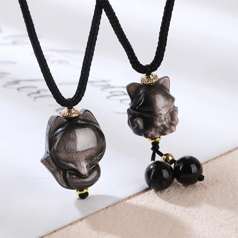 Collana con ciondolo di protezione a forma di volpe a nove code in ossidiana lucida d'argento naturale Buddha Stones