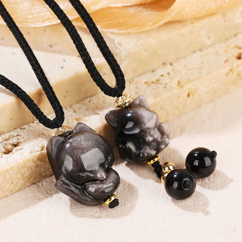 Collana con ciondolo di protezione a forma di volpe a nove code in ossidiana lucida d'argento naturale Buddha Stones - Image 2