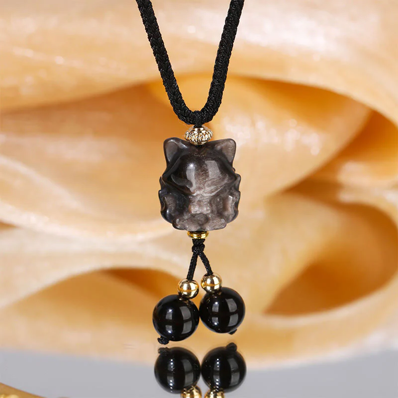 Collana con ciondolo di protezione a forma di volpe a nove code in ossidiana lucida d'argento naturale Buddha Stones - Image 3