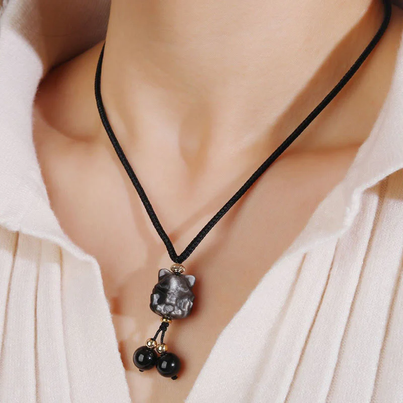 Collana con ciondolo di protezione a forma di volpe a nove code in ossidiana lucida d'argento naturale Buddha Stones - Image 4