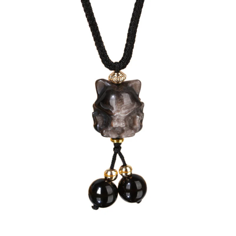 Collana con ciondolo di protezione a forma di volpe a nove code in ossidiana lucida d'argento naturale Buddha Stones - Image 5