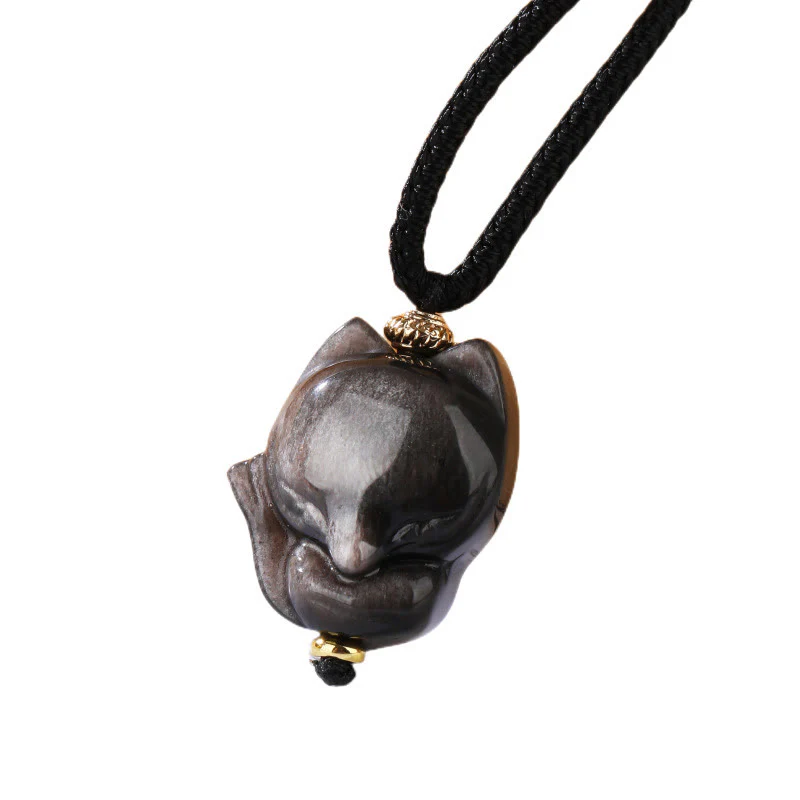 Collana con ciondolo di protezione a forma di volpe a nove code in ossidiana lucida d'argento naturale Buddha Stones - Image 6