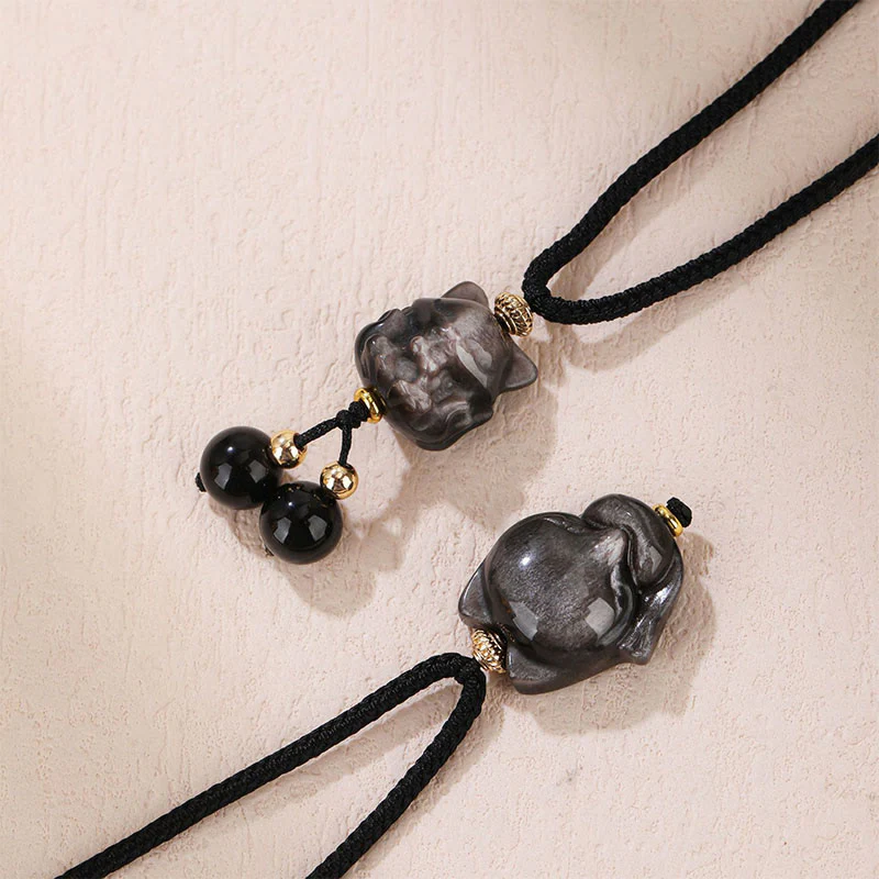Collana con ciondolo di protezione a forma di volpe a nove code in ossidiana lucida d'argento naturale Buddha Stones - Image 7