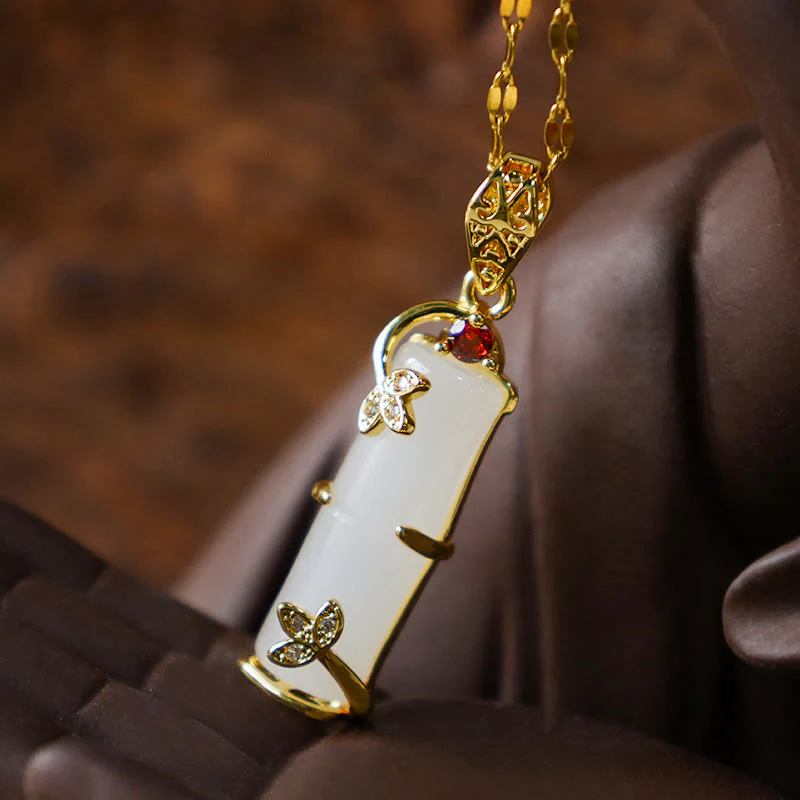 Collana con ciondolo di protezione dalla fortuna in bambù, giada bianca e giada ciano Buddha Stones - Image 11