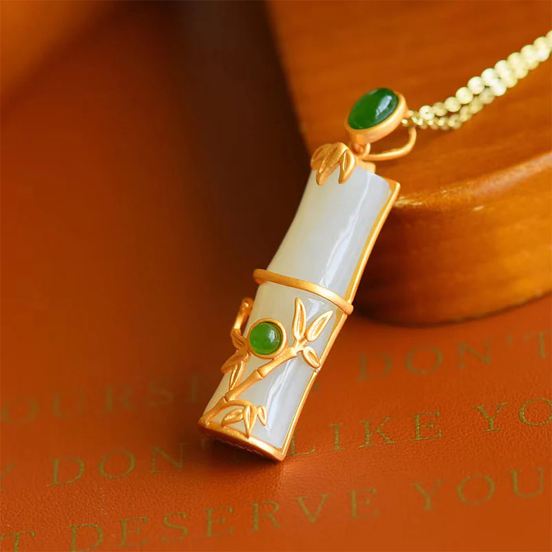 Collana con ciondolo di protezione in giada bianca e giada ciano con Buddha Stones e bambù - Image 3