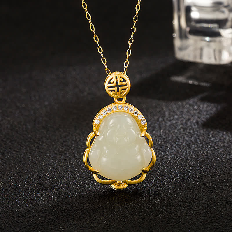 Collana con ciondolo di protezione in giada bianca Hetian Buddha che ride in argento sterling 925