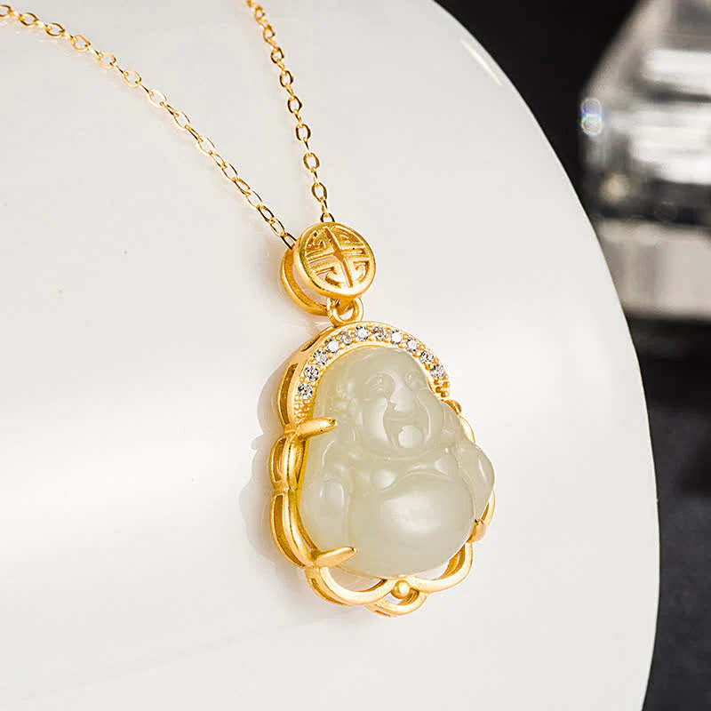 Collana con ciondolo di protezione in giada bianca Hetian Buddha che ride in argento sterling 925 - Image 2