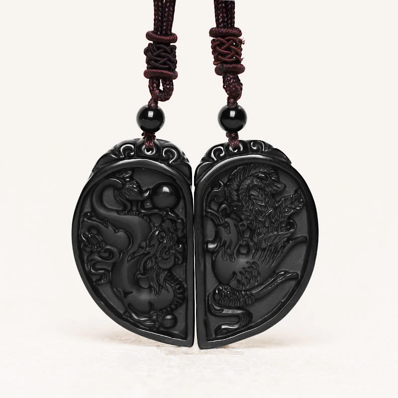 Collana con ciondolo di protezione in ossidiana nera, drago, fenice e Buddha Stones - Image 2