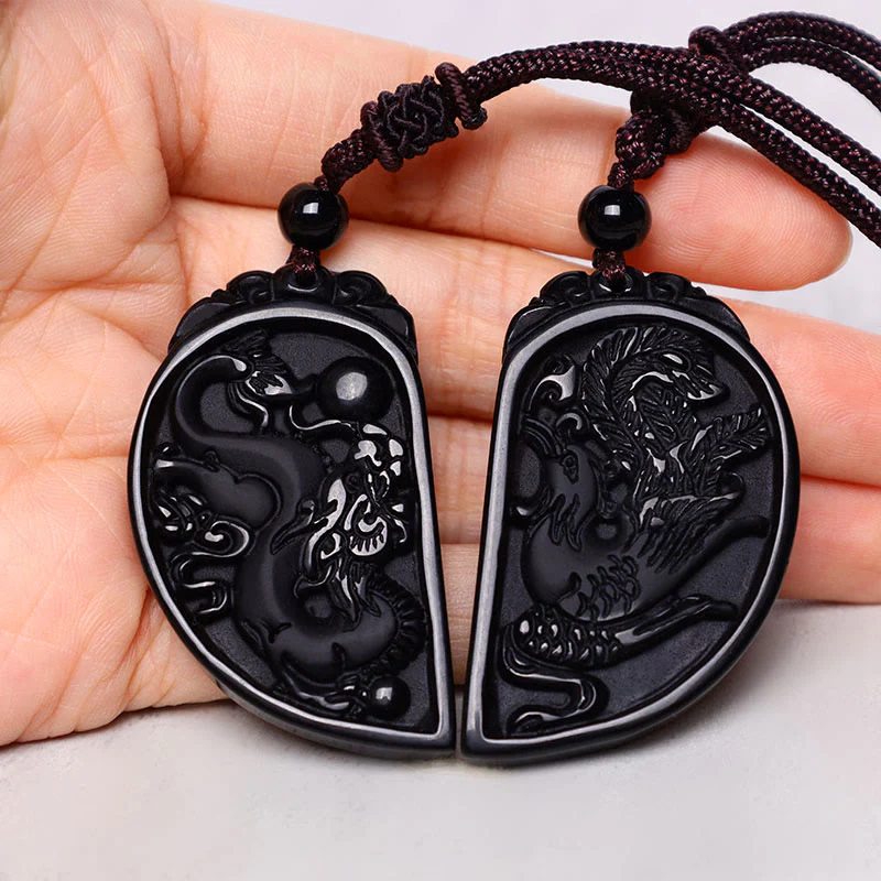 Collana con ciondolo di protezione in ossidiana nera, drago, fenice e Buddha Stones - Image 3