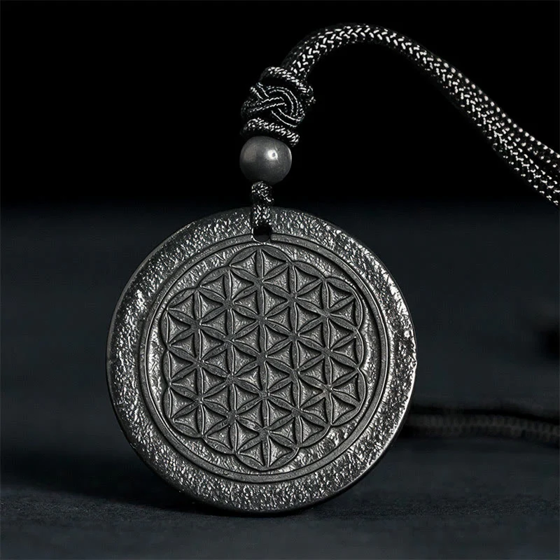 Collana con ciondolo di protezione in pietra di shungite autentica con intaglio del fiore della vita Buddha Stones
