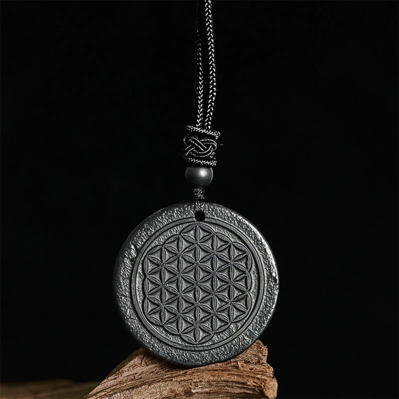 Collana con ciondolo di protezione in pietra di shungite autentica con intaglio del fiore della vita Buddha Stones - Image 3
